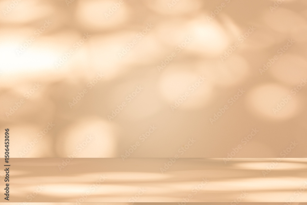 Poster Wall interior background, studio and backdrops show products. with leaf shadow from window color beige and white. background for text insertion and presentation of product	