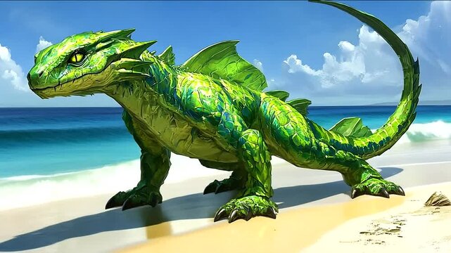 Vibrant green lizard-like creature on a sandy beach