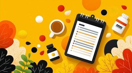 Daily Routine Composition.A visually appealing illustration showcasing a desk scene, filled with essential objects, including a clipboard, pill bottle, and a cup of coffee. Generative ai illustration.