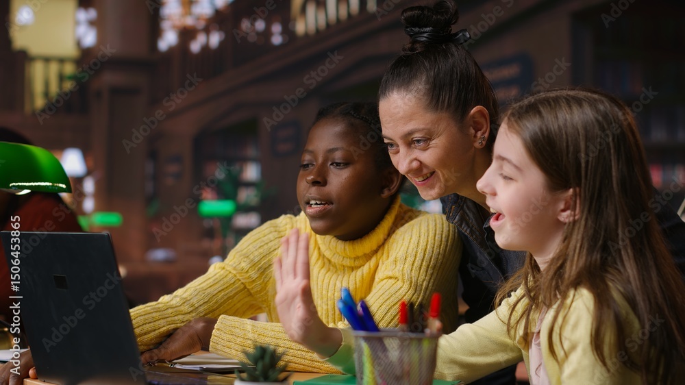 Poster multiethnic scholars in the library engaged in remote learning with their mentor, participating in a