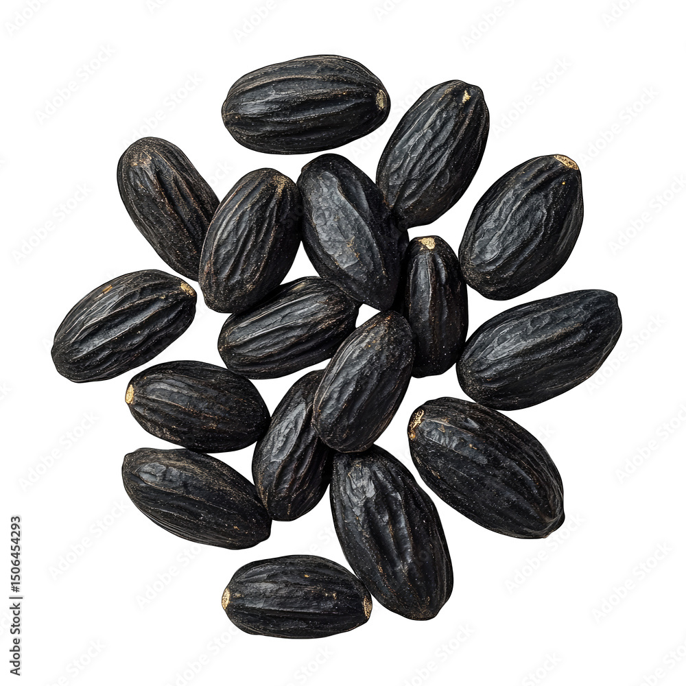 Poster a top down view of a collection of dark brown seeds with ridges scattered on a black background isol