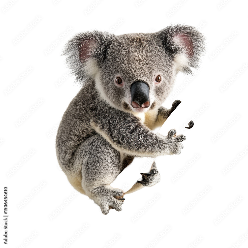 Poster koala perched on a branch against a clean white backdrop showcasing its unique features, koala on a 