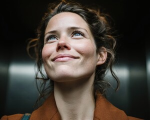 Close-up portrait of a smiling woman with fair skin and curly hair, looking upward with a dreamy expression, wearing a brown coat and standing indoors against a dark background