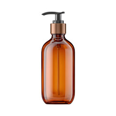 Elegant amber colored glass cosmetic bottle with a modern pump dispenser designed for premium skincare and beauty products
