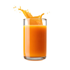 A glass filled with refreshing and nutritious orange carrot juice featuring a splash of liquid and a vibrant natural glow
