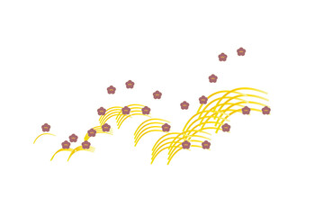 赤の梅の花と金の波型和風装飾線　グラフィック素材 