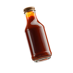 Close up of a glass bottle filled with thick amber colored barbecue sauce set against a clean white background