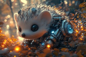 Robotic hedgehog in autumn forest; fantasy illustration