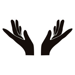 Vector hands with palms open isolated transparent background. Simple black silhouette of palms up.