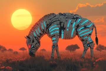 Robotic zebra grazing savanna sunset; futuristic wildlife