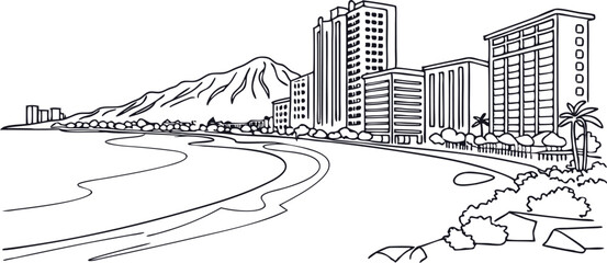 Obraz premium Waikiki Beach & Diamond Head Line Illustration