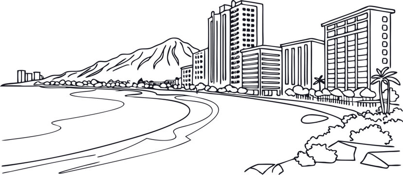 Waikiki Beach & Diamond Head Line Illustration