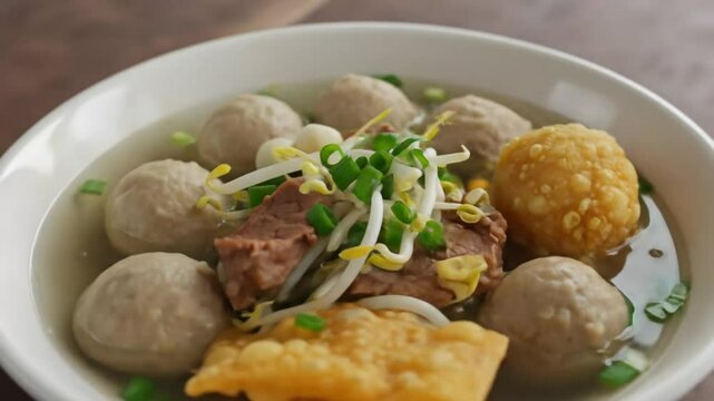 Indonesian bakso meatball soup with tofu and fried dumpling.