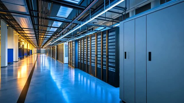 A server room with rows of servers in a long hallway, shiny blue floor, and visible pipes and ducts on the ceiling