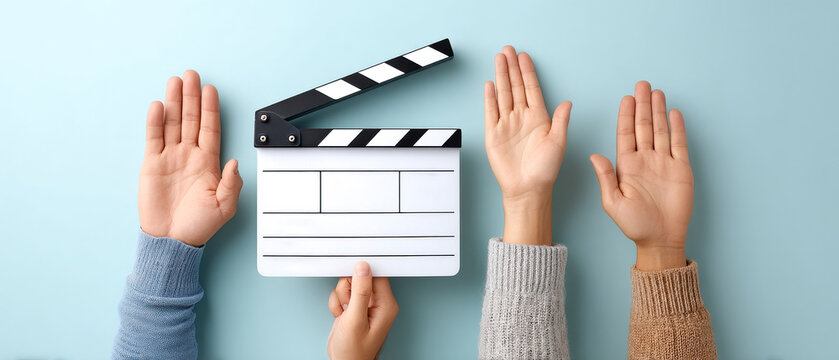 Three raised hands and a clapperboard against a blue background, symbolizing teamwork and filmmaking.