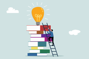 Creativity, knowledge to achieve success, imagination or education to develop skills, inspiration or find solution concepts, young adult male climbing a ladder on a pile of books to get a creative lig © NASIH