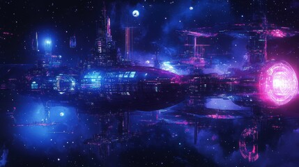 Fototapeta premium Futuristic cityscape with neon lights in space
