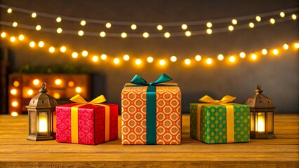 Festive Gift Boxes with Lanterns and String Lights on Wooden Table