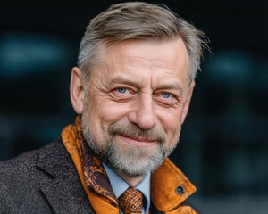 Close-up portrait of a mature man with gray hair and beard smiling outdoors in daytime with a dark background