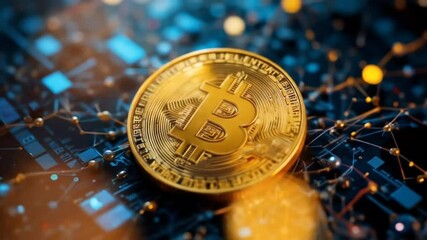 Golden cryptocurrency coin on digital blockchain network background
 - Powered by Adobe