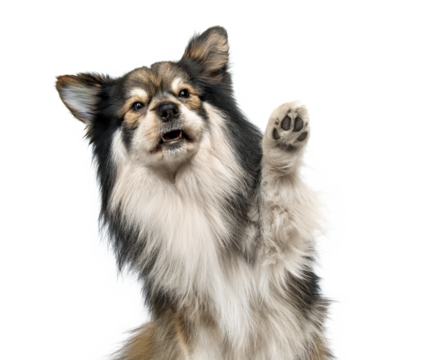 finnish lapphund dog waving paw on isolated background.