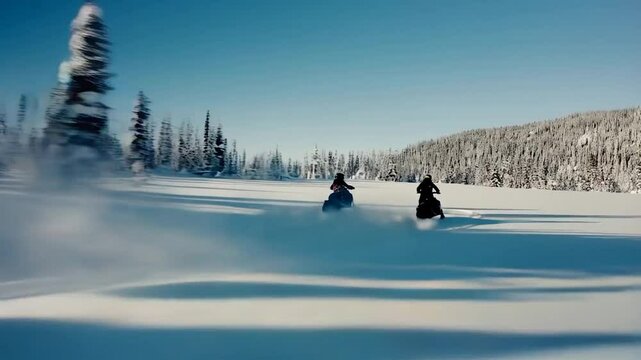 Two snowmobiles racing across a snowy landscape