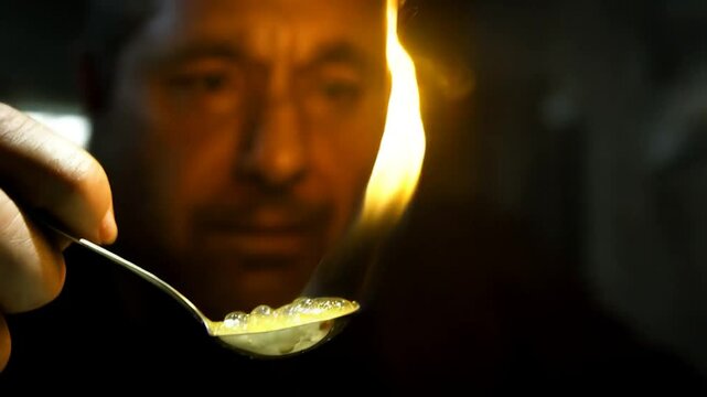 Drug use, a small spoon, and a flame