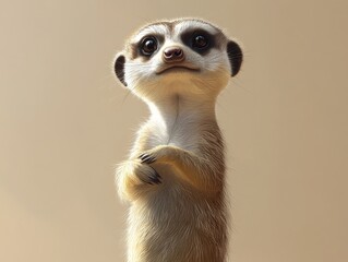 A meerkat standing on its hind legs with a small object in its paw, against a soft tan background