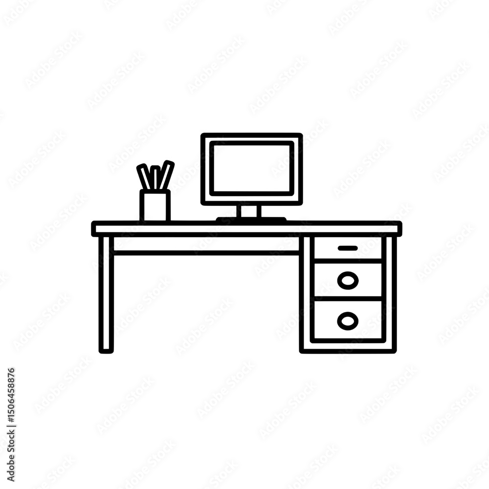 Poster vector icon of office desk setup with computer and stationery for work, study, and productivity conc