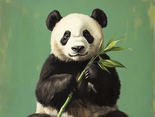 Obraz premium A panda sitting with a bamboo shoot in its paws, on a solid green background