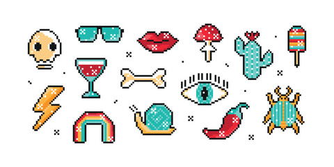 Pixel Art Set with Retro Game Assets. 8 bit pixel objects Vector illustration 