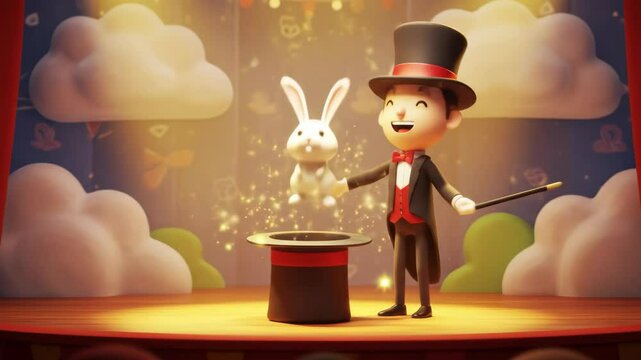 Cartoon magician performing magic trick with glowing sparks