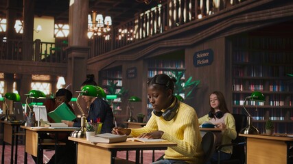 African american teen girl working hard on developing writing skills at the library, trying to create an essay with information from a book. Completing school assignment with notebooks. Camera A.