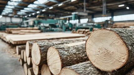 Stacked logs in a lumber mill.
