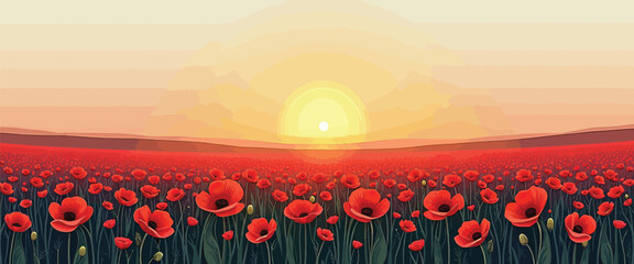 Poppy field at sunrise vector simple 3d smooth isolated on white background
