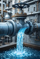 The raw power of cascading water released from an industrial valve symbolizing control and transformation in a complex