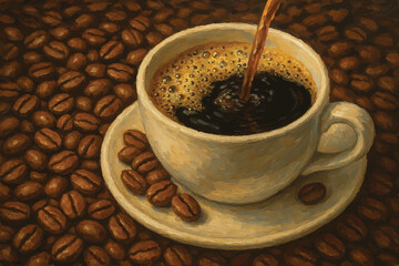 Coffee Cup with Coffee Beans - Digital Oil Painting