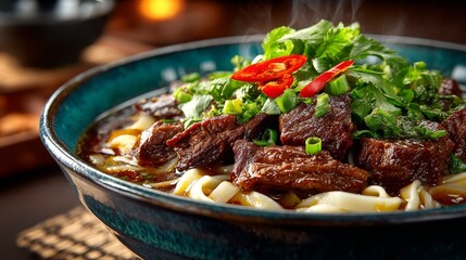 Delicious bowl of juicy chewy beef noodles served on beautifully set table, close-up view with soft lighting highlighting texture and freshness, high-definition food presentation.