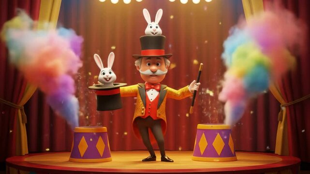 Cartoon magician performing magic trick with bunny on stage