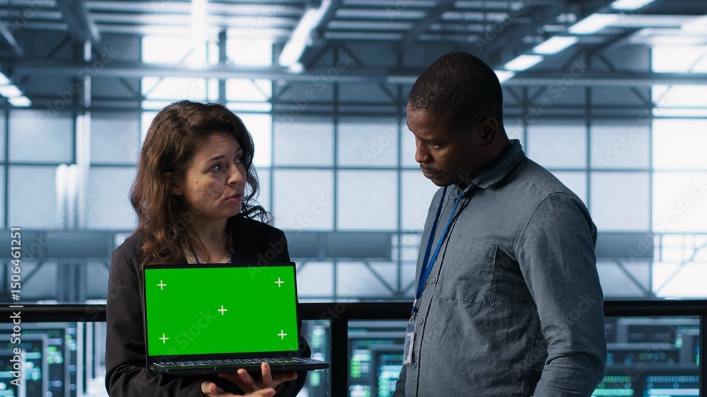 Poster data center it team automating routine maintenance tasks with green screen laptop, executing diagnos