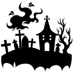 Spooky Graveyard with Crosses Fog Silhouette