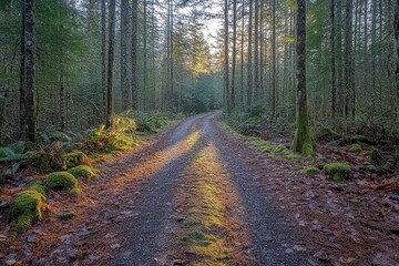 Sunlit forest road, moss, trees, peaceful, nature scene