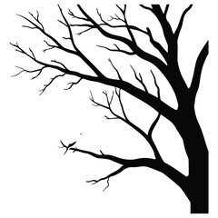 Black vector silhouette of a tree with bare branches on white background