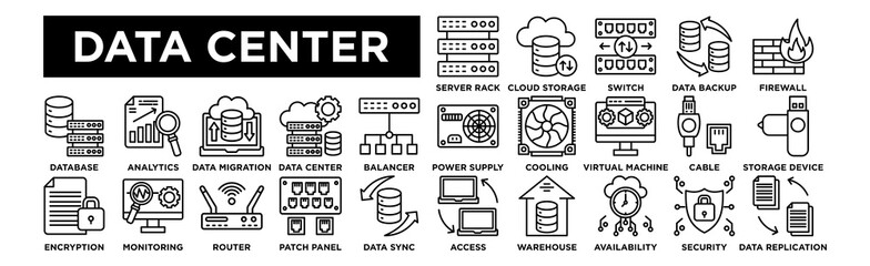 Data center icon collection set. Server Rack, Cloud Storage, Network Switch, Data Backup, Firewall