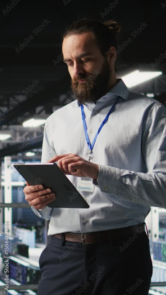 Poster vertical video server room technician next to coworkers reviewing neural network code and llm visual
