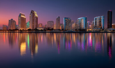 Fototapeta premium Beautiful night view of the city with purple and pink tones.