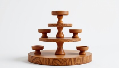 tiered wooden candle stand with asymmetric platforms in warm oak tone, isolated object with no inscriptions or markings, clean, minimalistic design without any branding or text