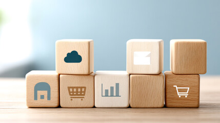 Wooden blocks with icons representing cloud, shopping cart, analytics, and warehouse, symbolizing e-commerce and digital business concepts.