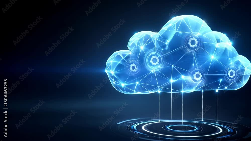 Poster cloud computing technology with glowing digital network connections and gear icons, symbolizing inno
