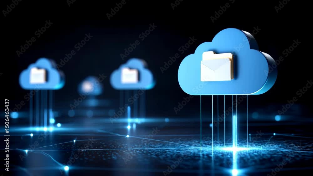 Poster futuristic cloud technology with digital email communication and network storage icons glowing in se